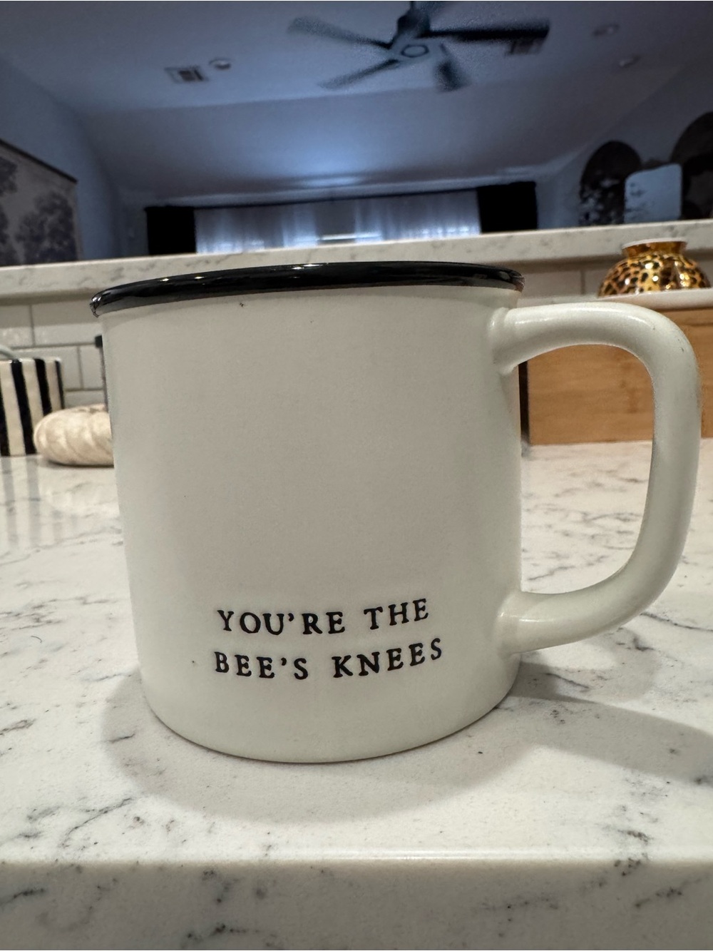 Hearth & Hand White Enamel Mug with Black Rim - "You're The Bee's Knees"